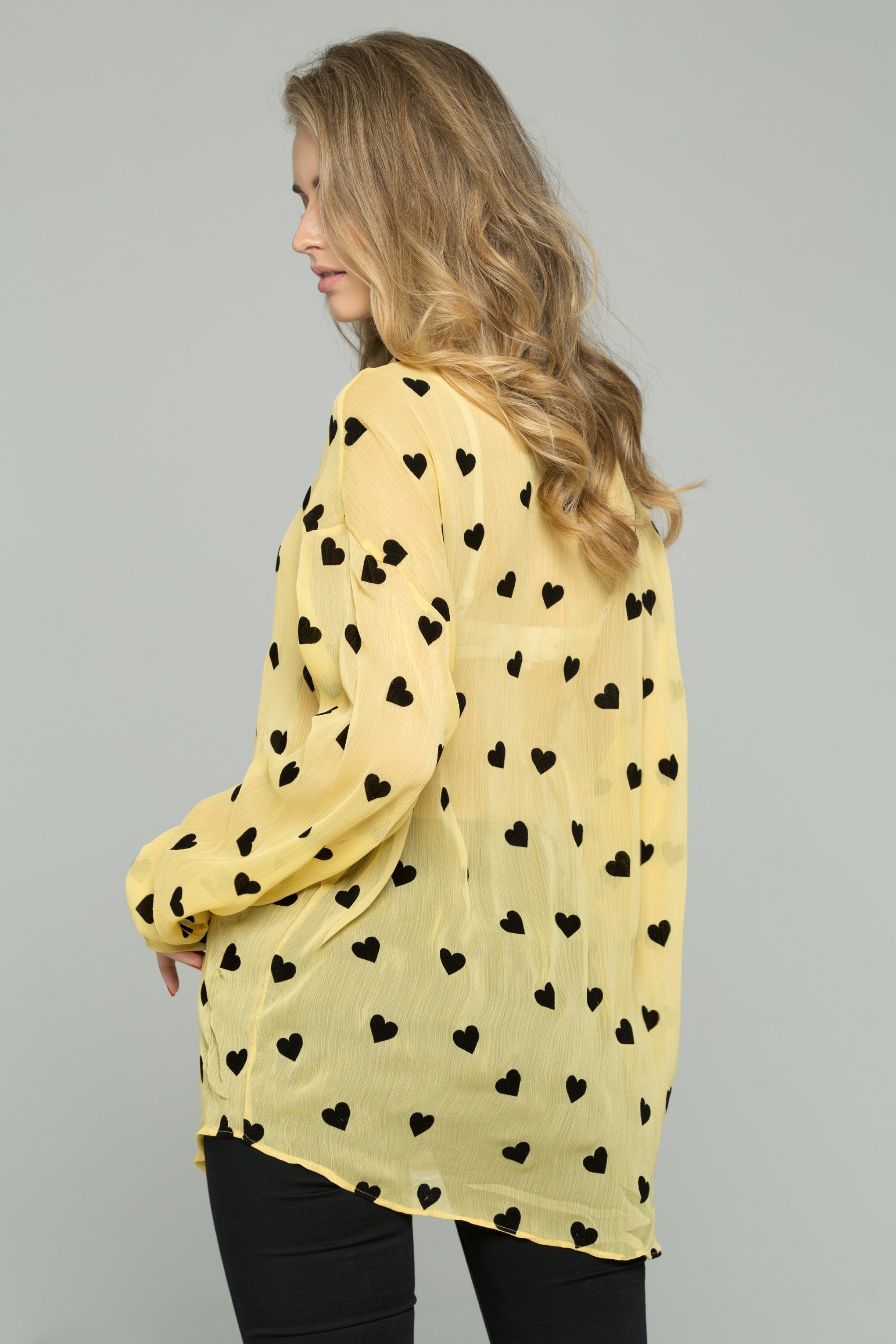 Yellow and Black Chiffon Heart Graphic Print Long Sleeve Shirt