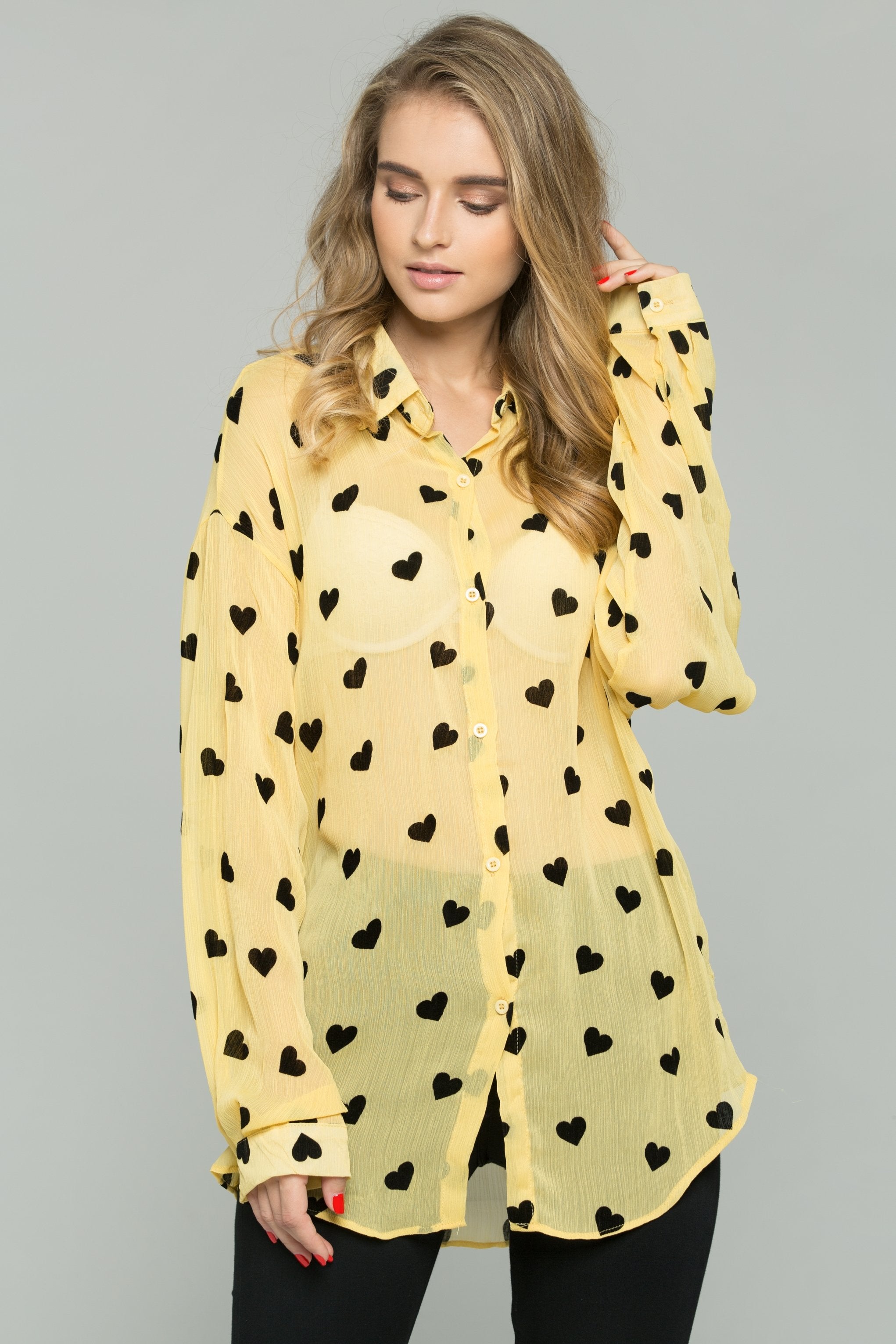 Yellow and Black Chiffon Heart Graphic Print Long Sleeve Shirt