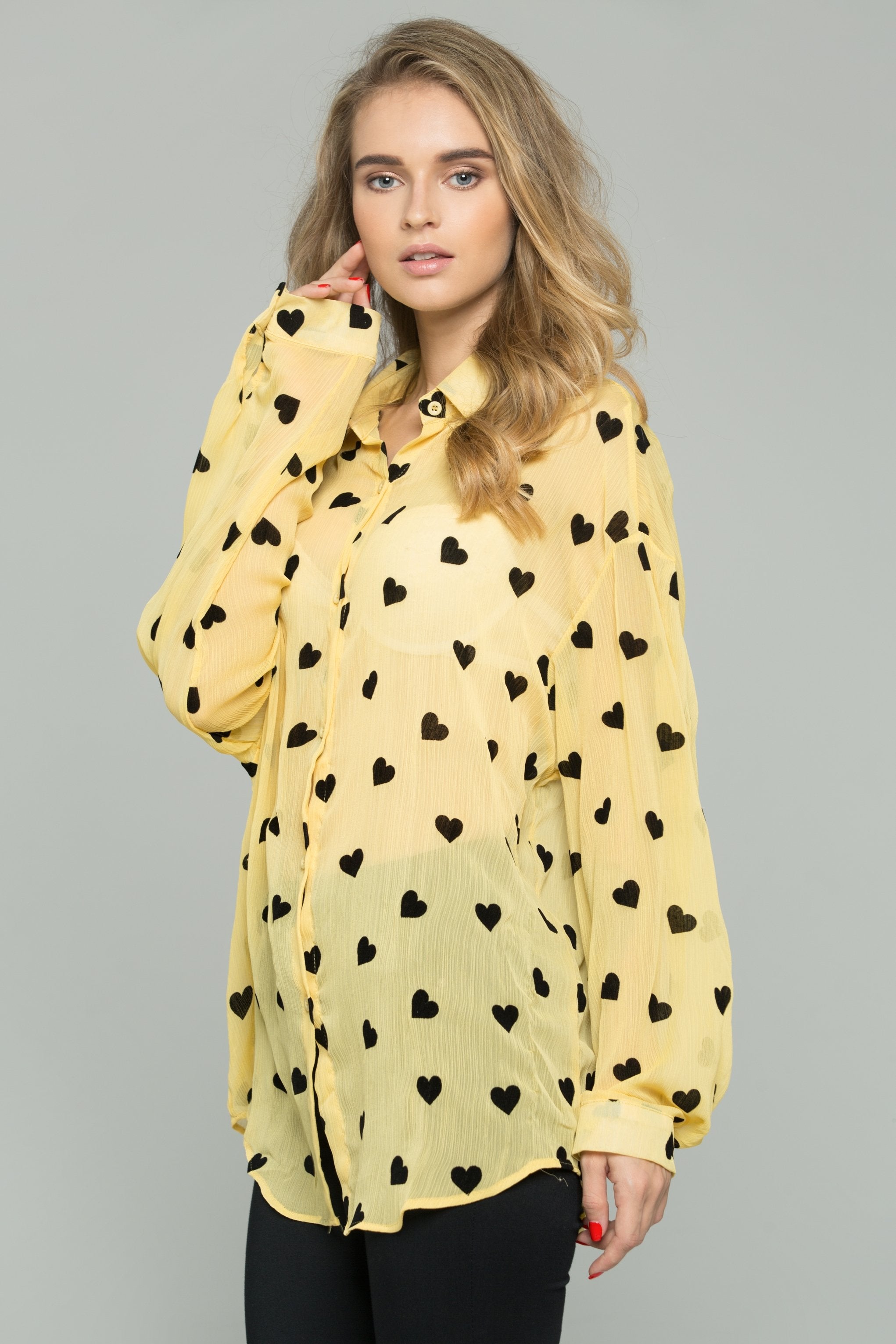 Yellow and Black Chiffon Heart Graphic Print Long Sleeve Shirt