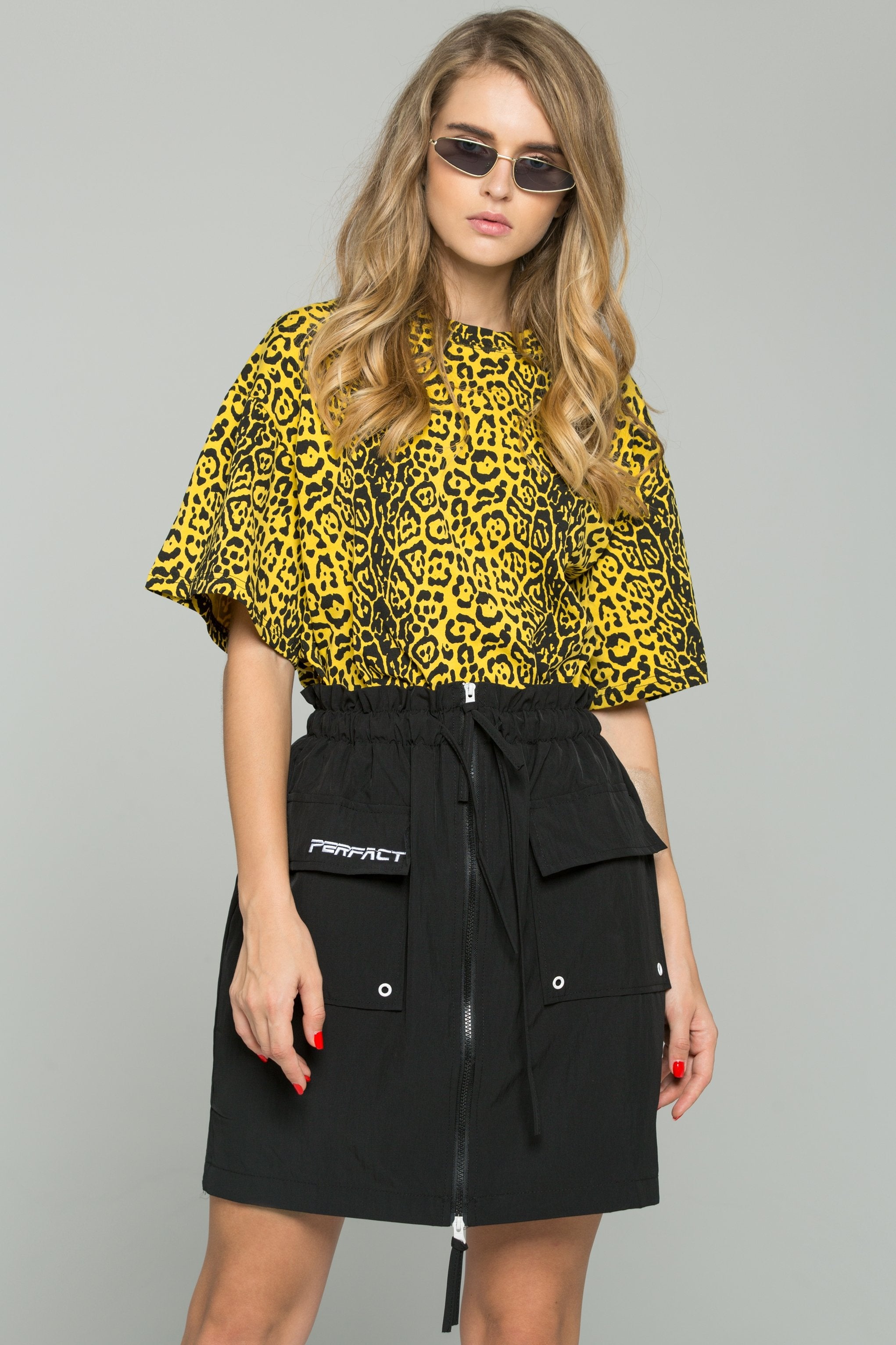 Yellow and Black Leopard Print Oversized Blouson Top