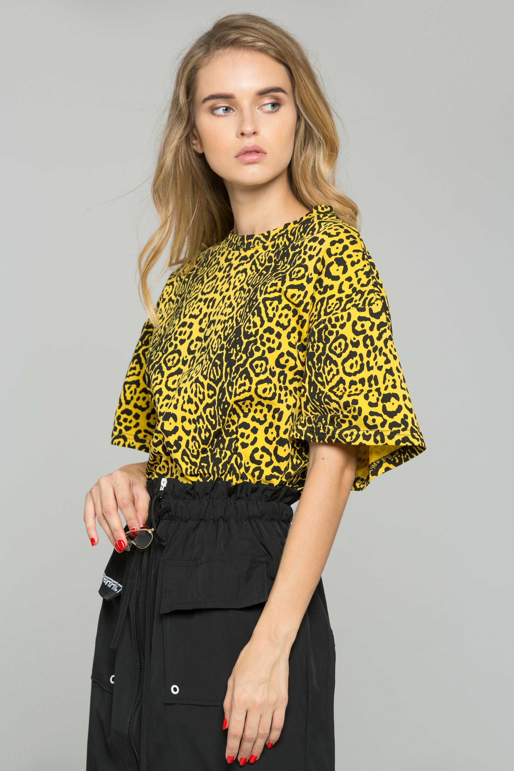 Yellow and Black Leopard Print Oversized Blouson Top