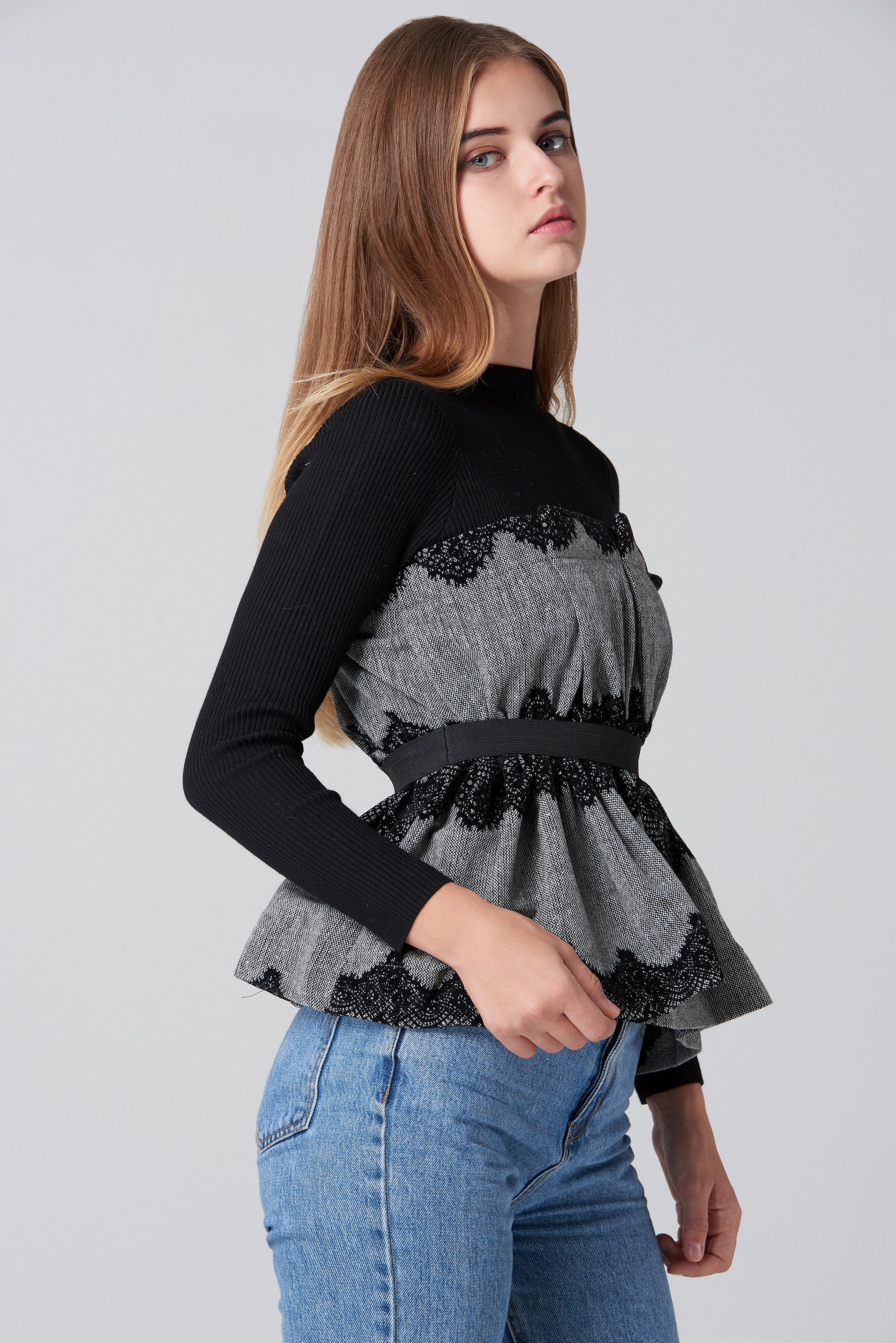 Black Knit Sleeves and Grey Tweed Lace Detail Bardot Top