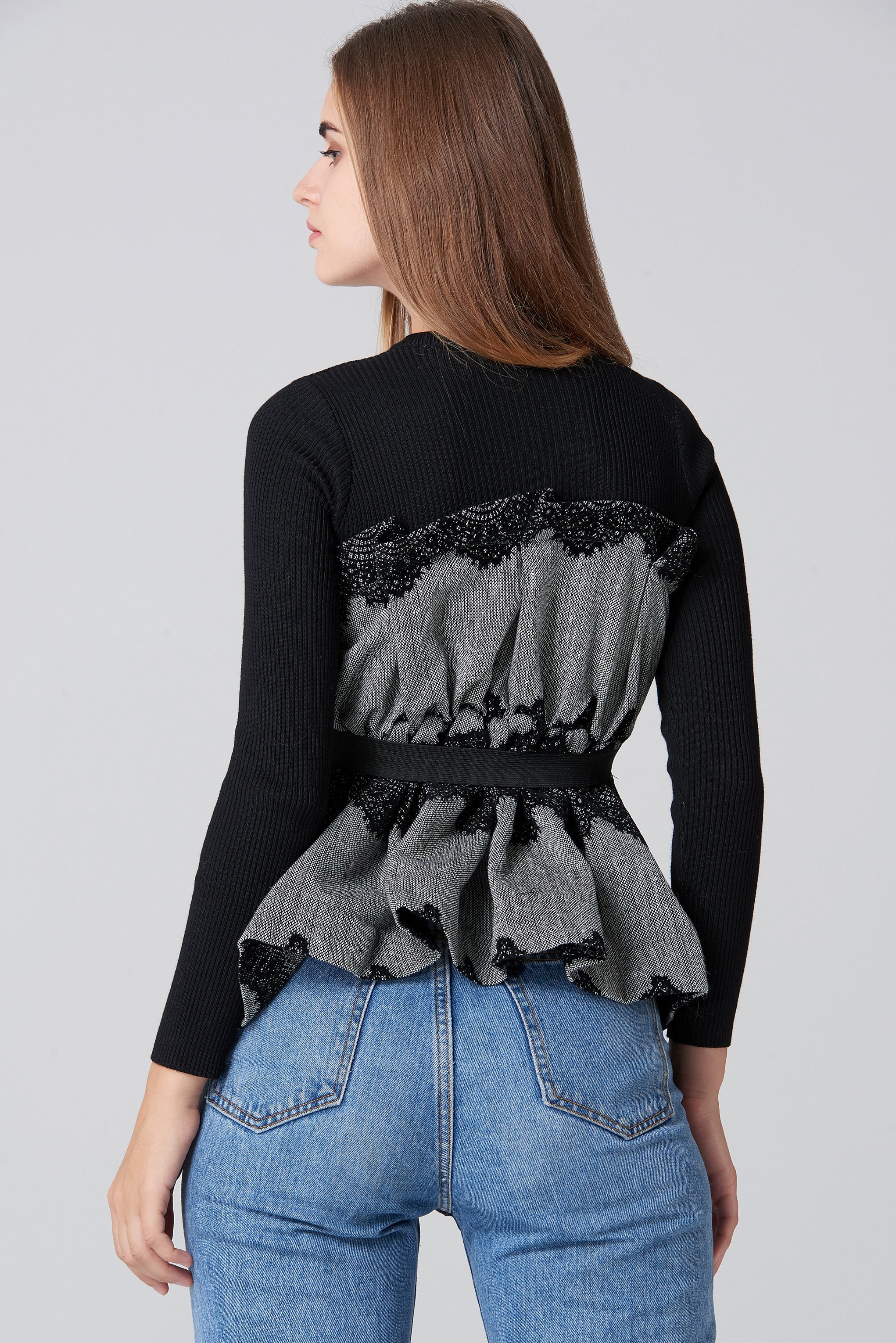 Black Knit Sleeves and Grey Tweed Lace Detail Bardot Top