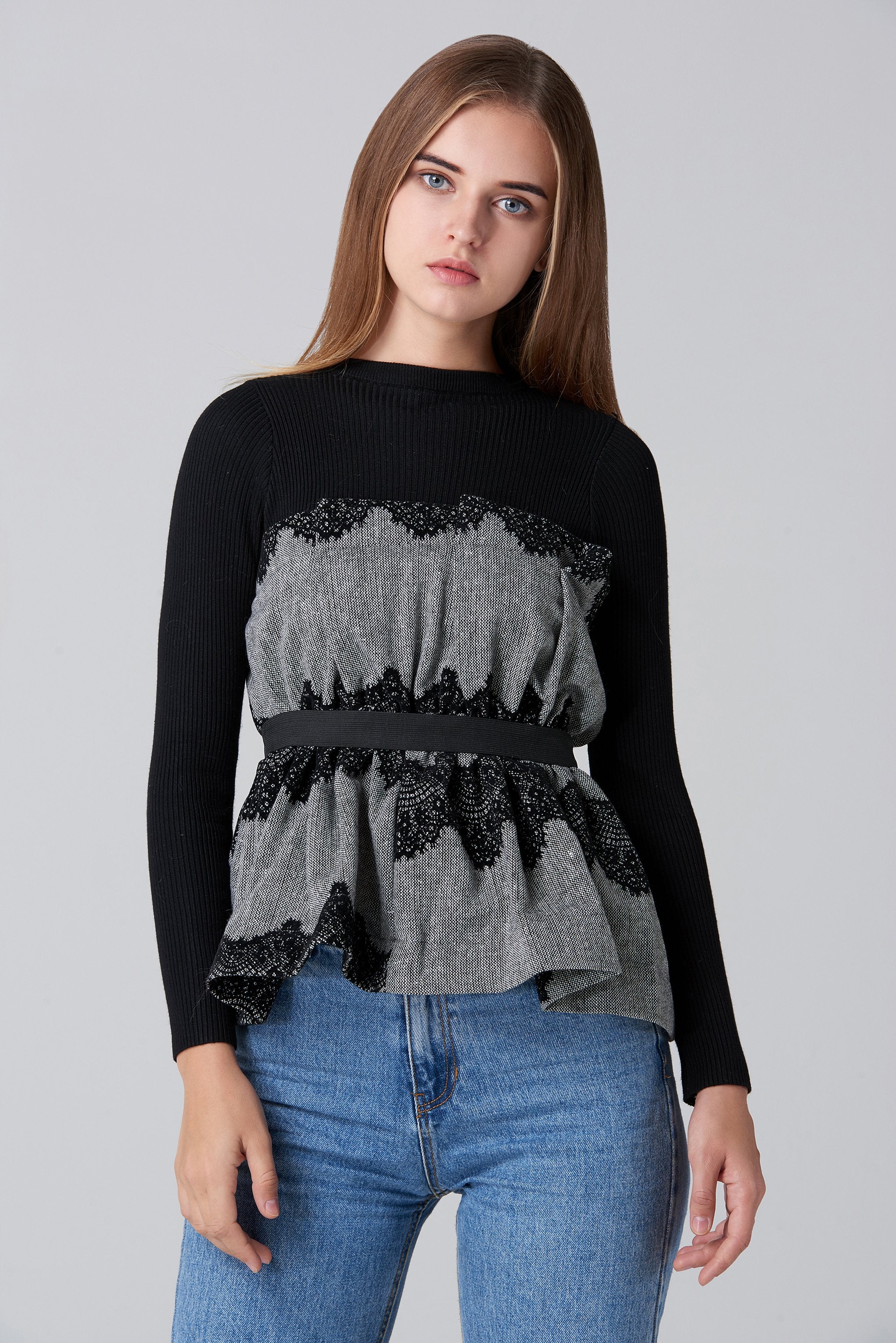 Black Knit Sleeves and Grey Tweed Lace Detail Bardot Top