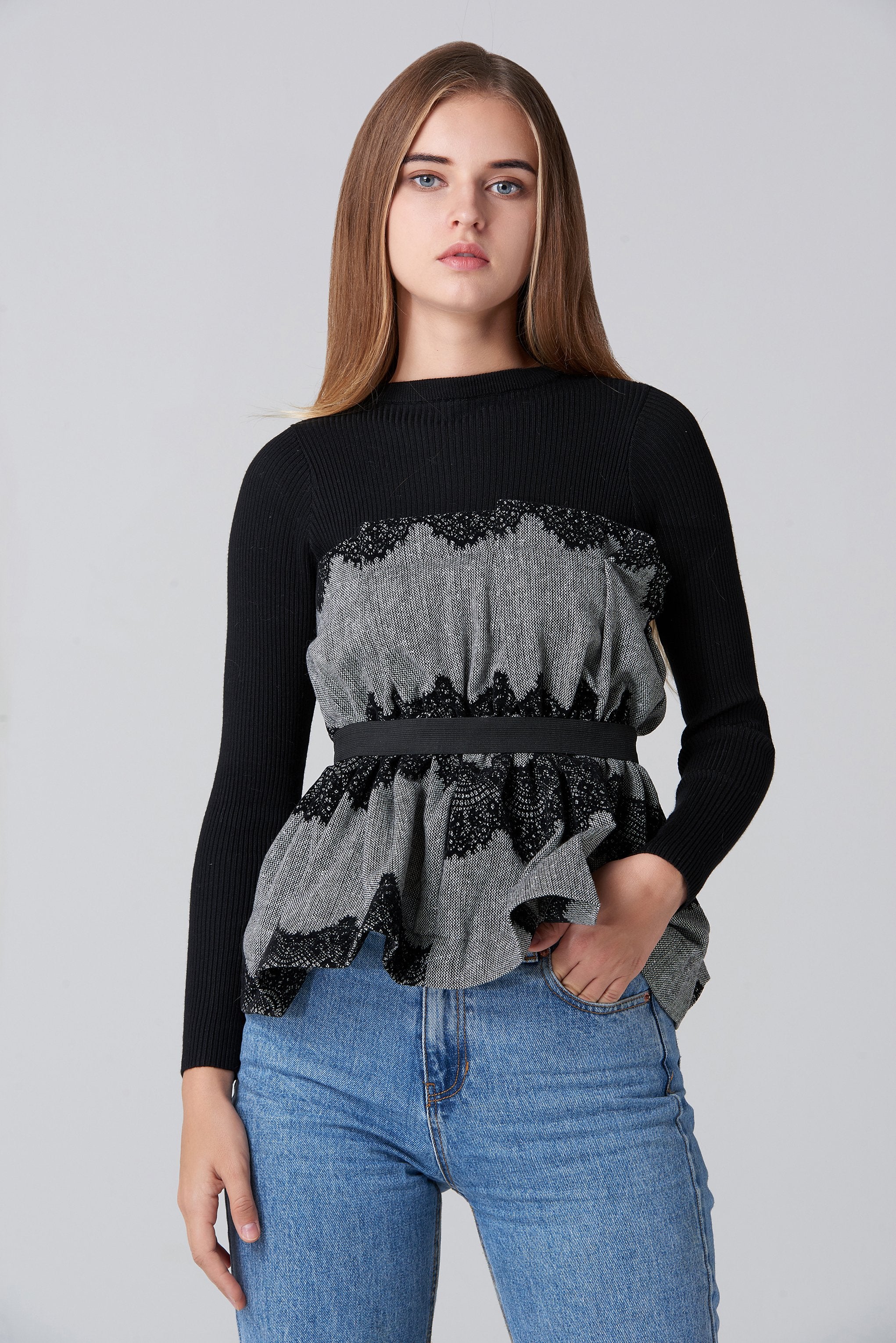Black Knit Sleeves and Grey Tweed Lace Detail Bardot Top