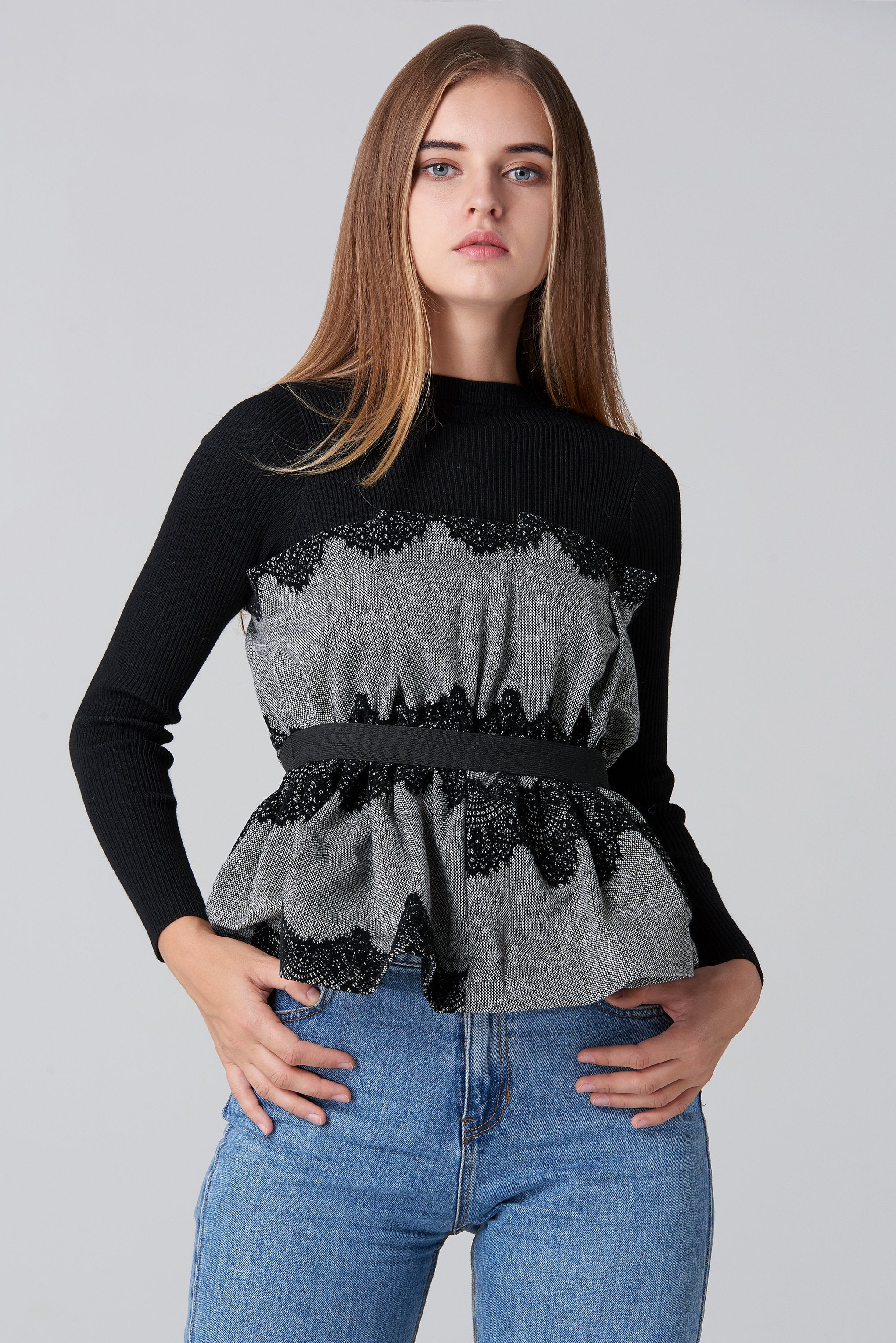 Black Knit Sleeves and Grey Tweed Lace Detail Bardot Top
