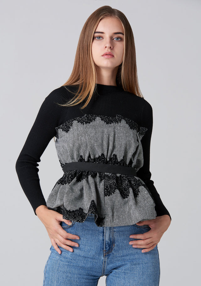 Black Knit Sleeves and Grey Tweed Lace Detail Bardot Top