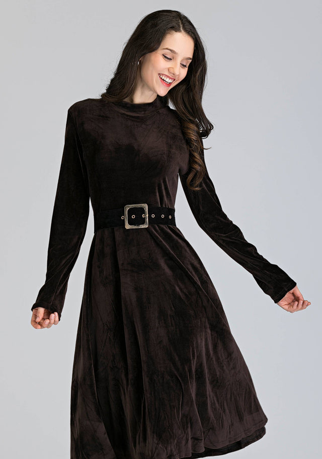 Brown Velvet Sleeved Midi Dress