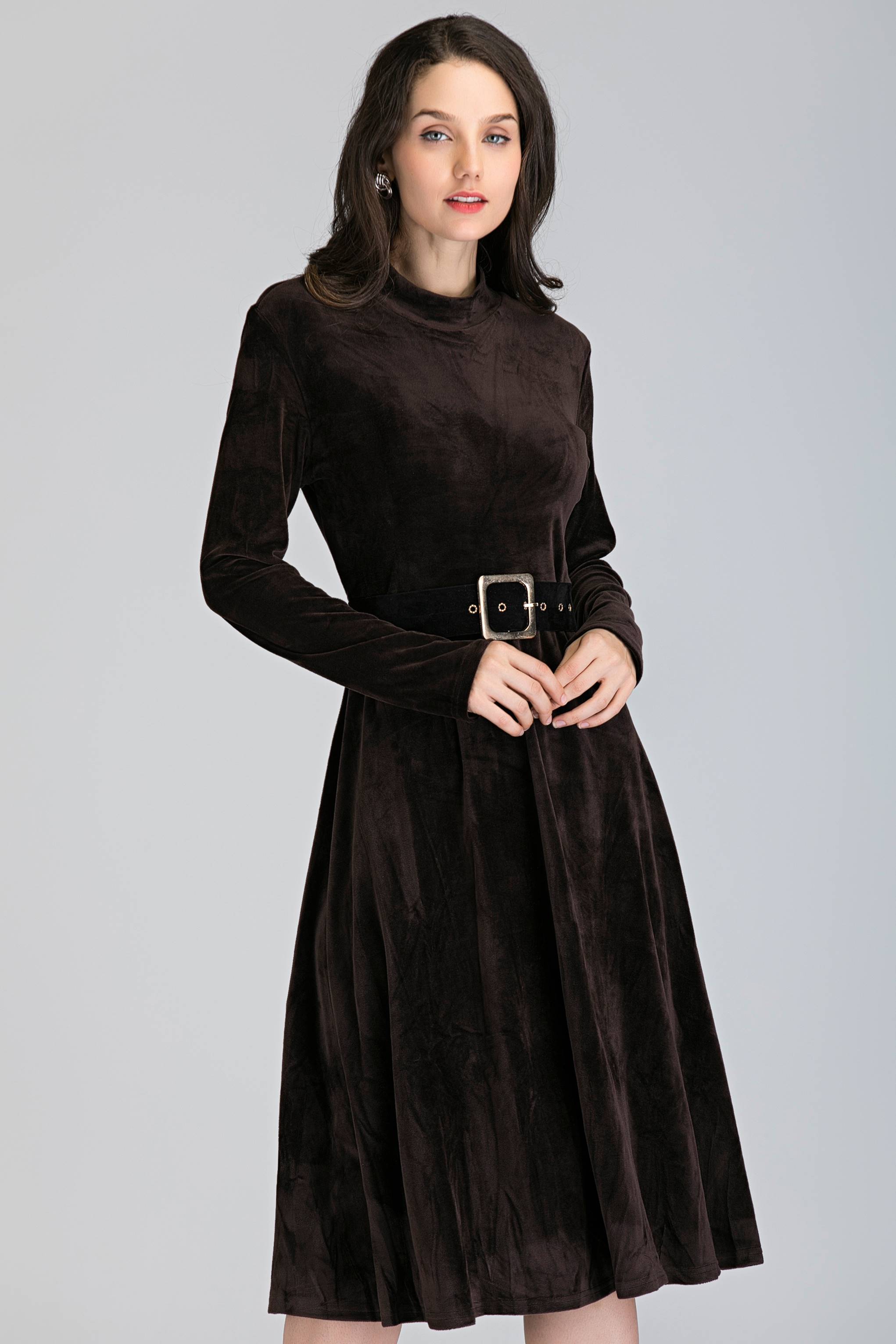 Brown Velvet Sleeved Midi Dress