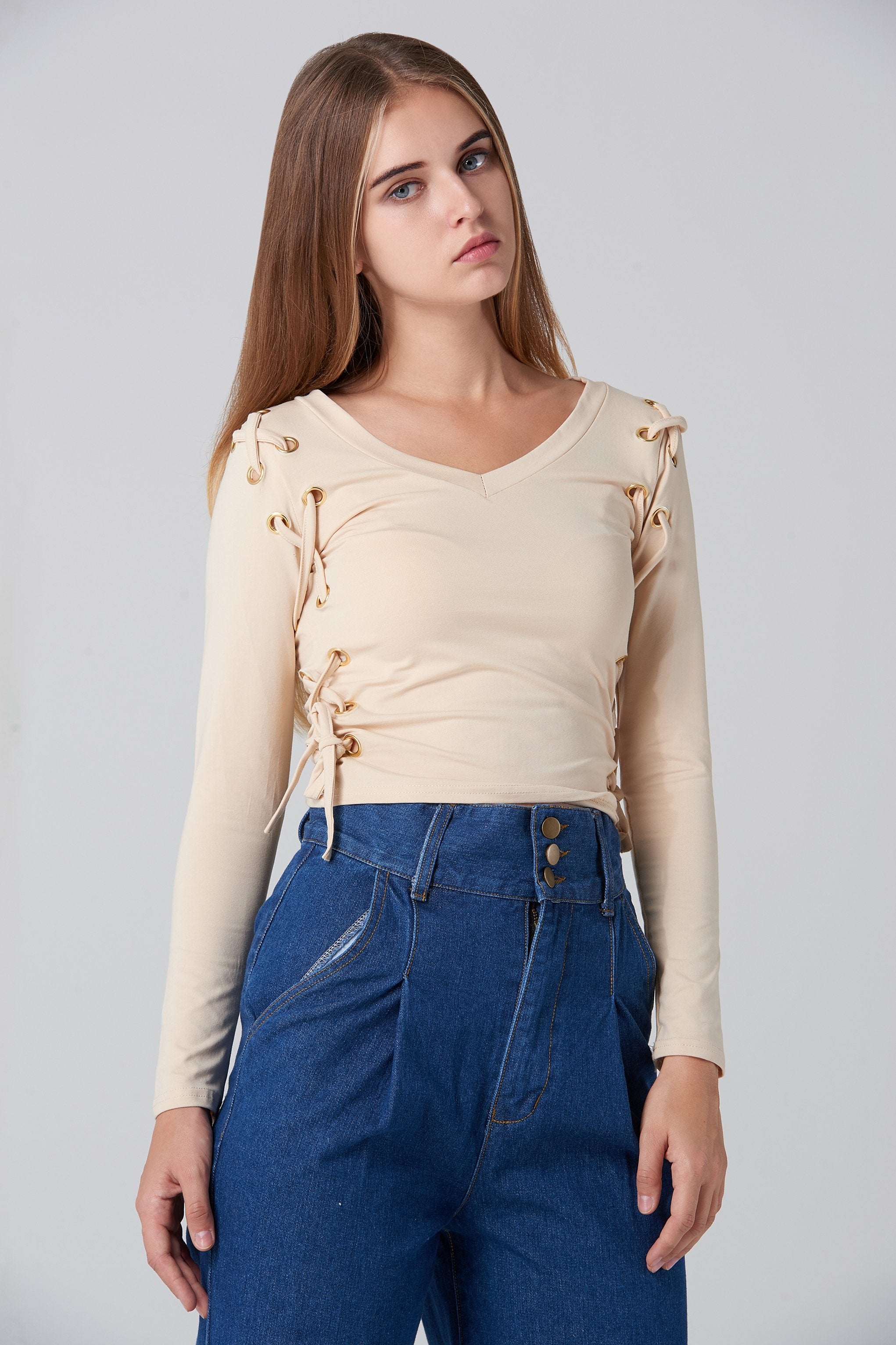 Nude Side Lace Long Sleeves Top