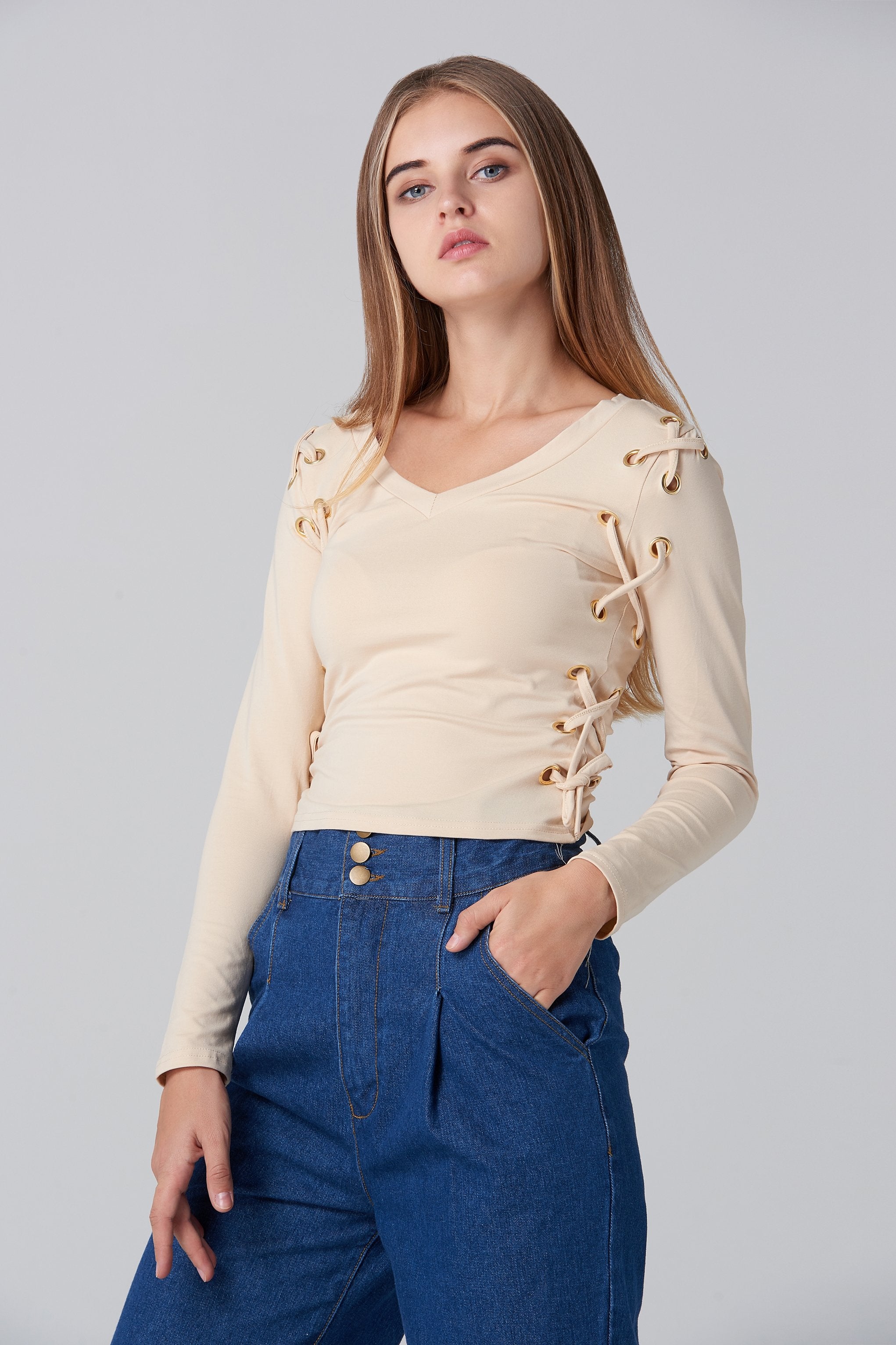 Nude Side Lace Long Sleeves Top