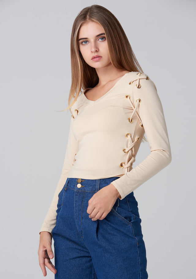 Nude Side Lace Long Sleeves Top
