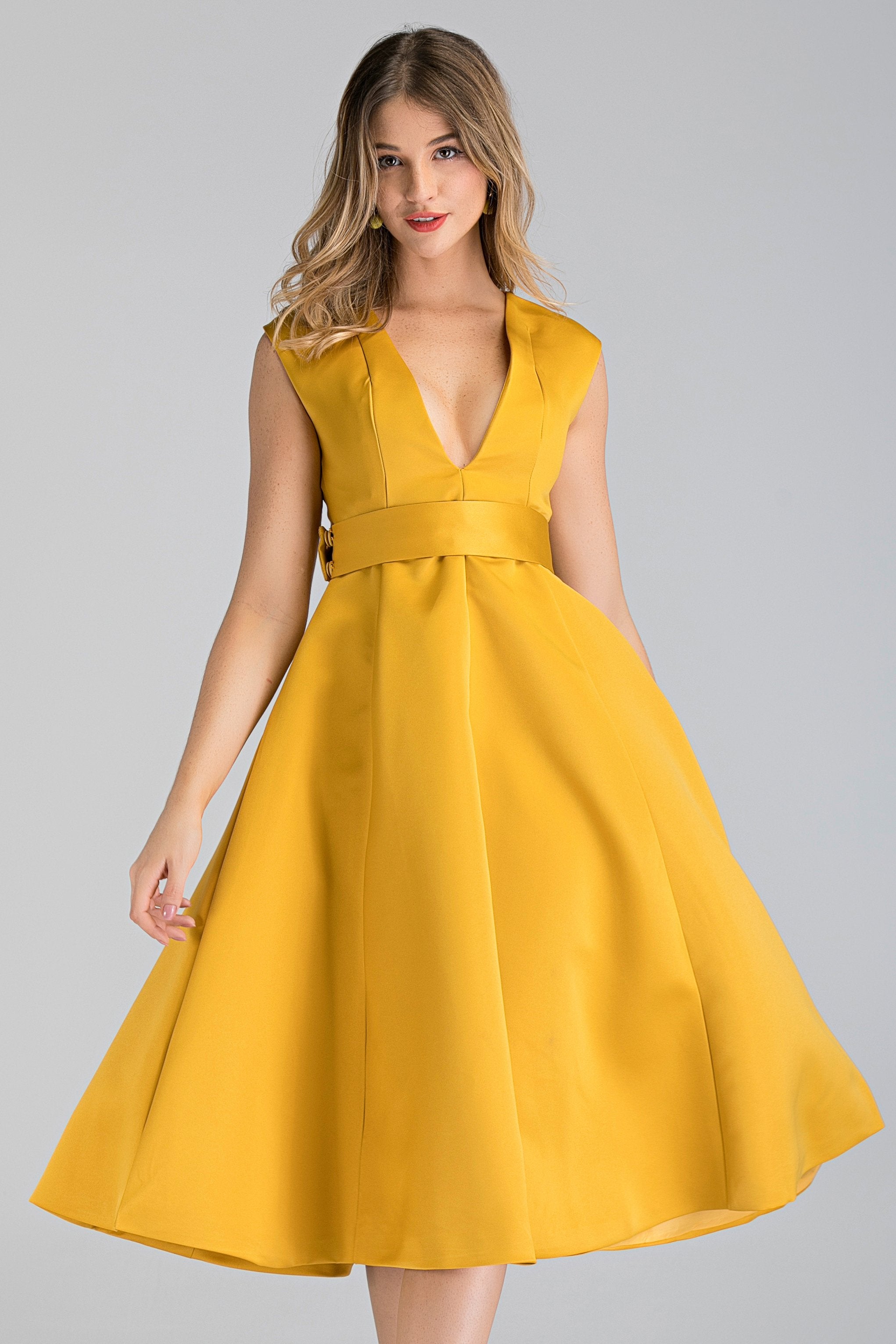 Royal Yellow Plunge Midi Ball Dress