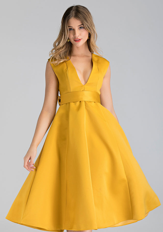 Royal Yellow Plunge Midi Ball Dress
