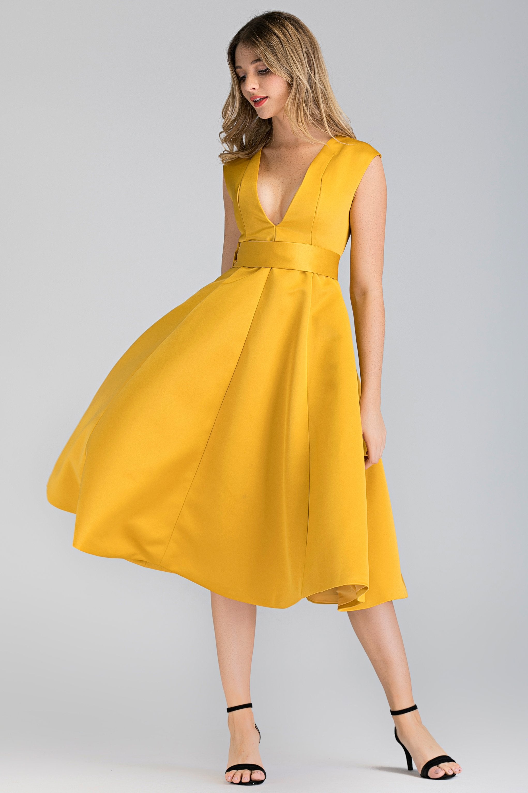 Royal Yellow Plunge Midi Ball Dress