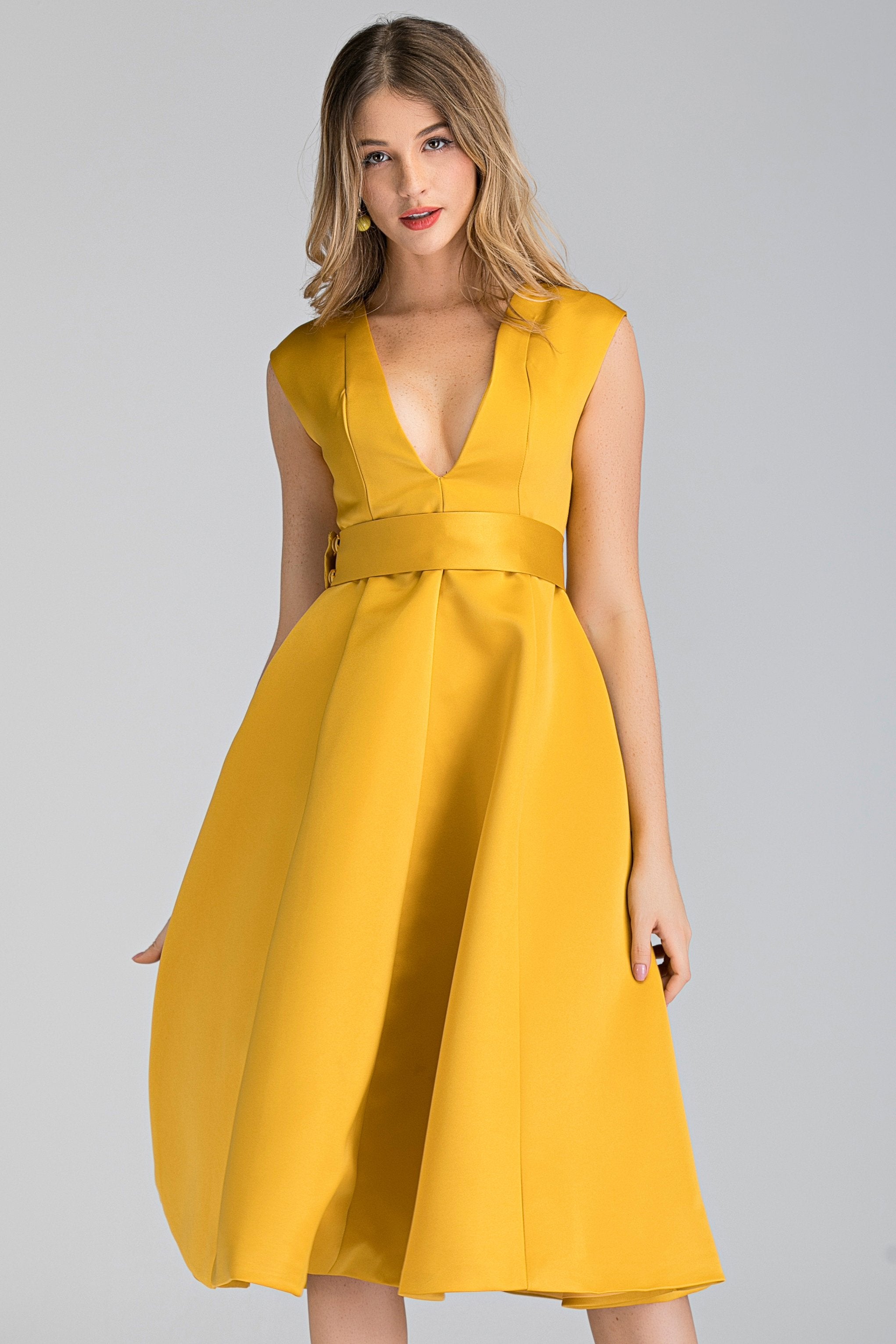 Royal Yellow Plunge Midi Ball Dress