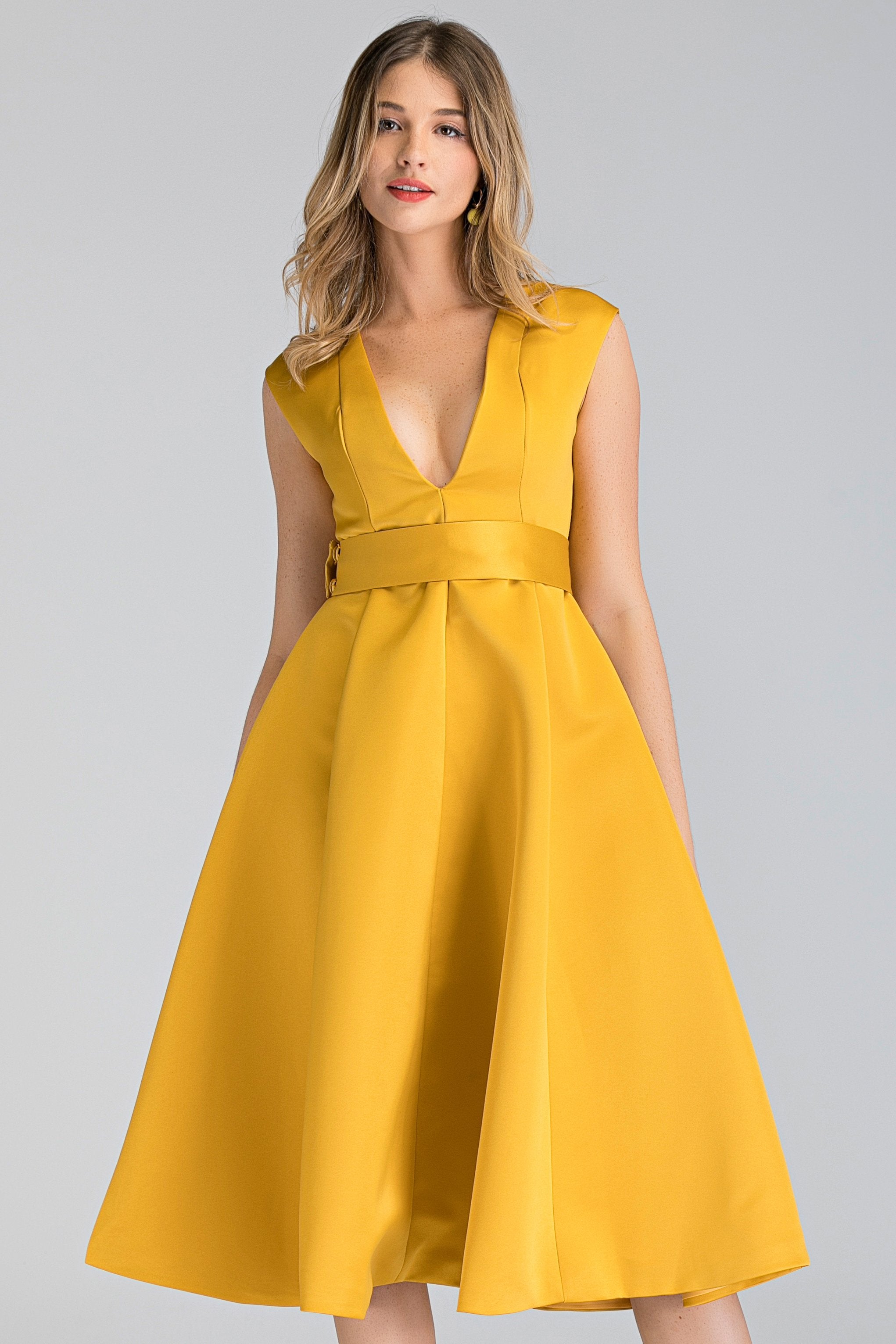 Royal Yellow Plunge Midi Ball Dress
