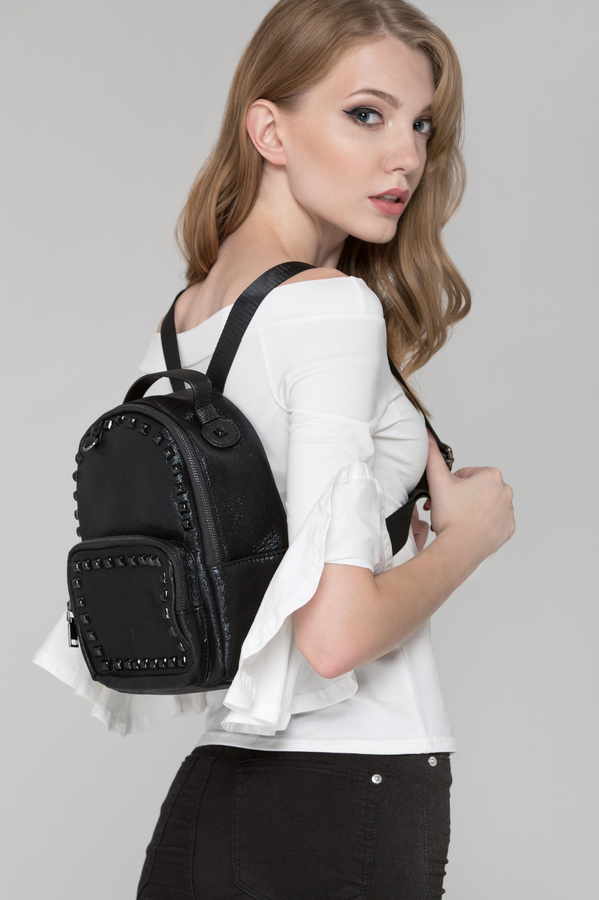 Jet Black Studded Mini Backpack