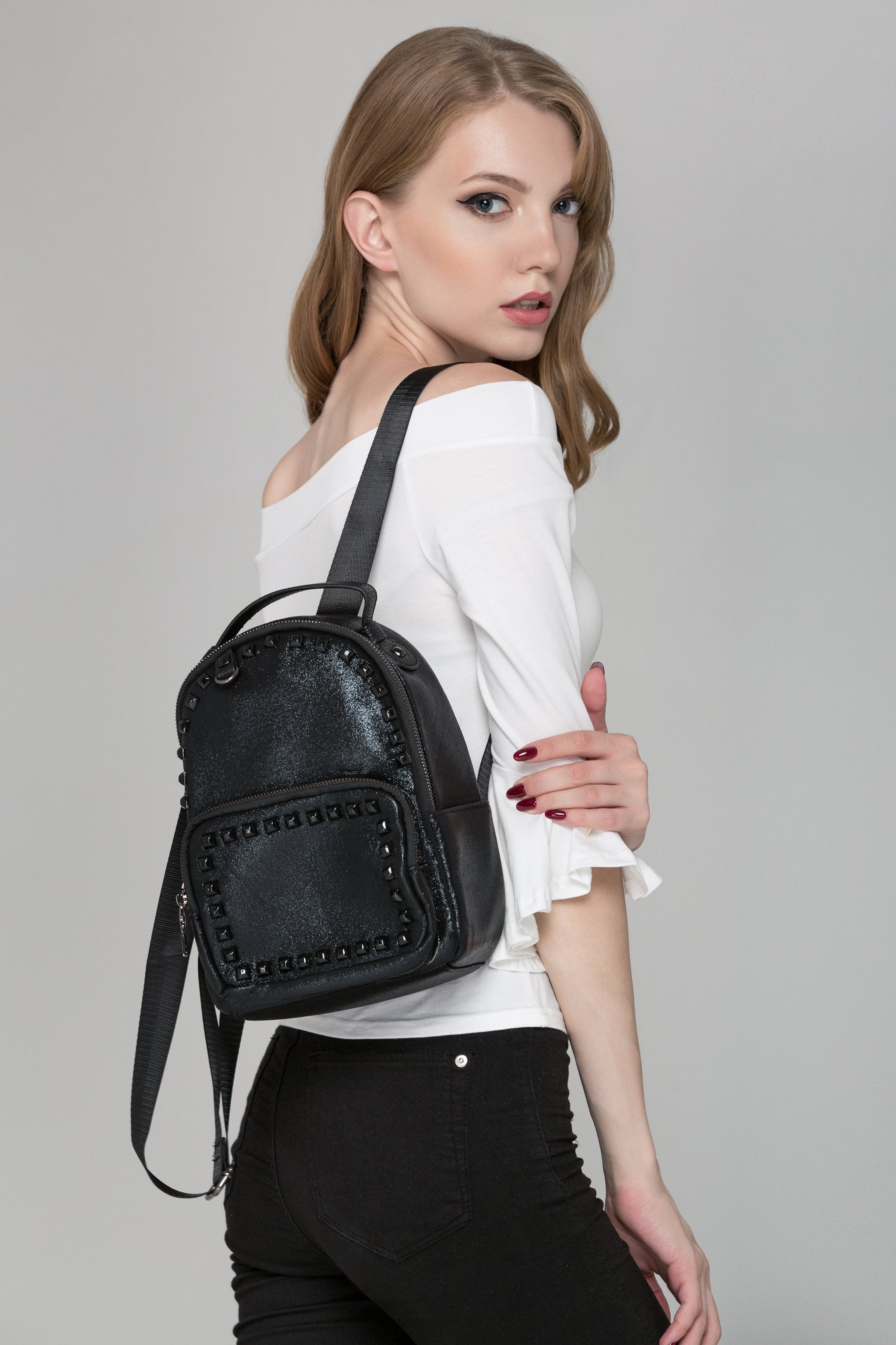 Jet Black Studded Mini Backpack