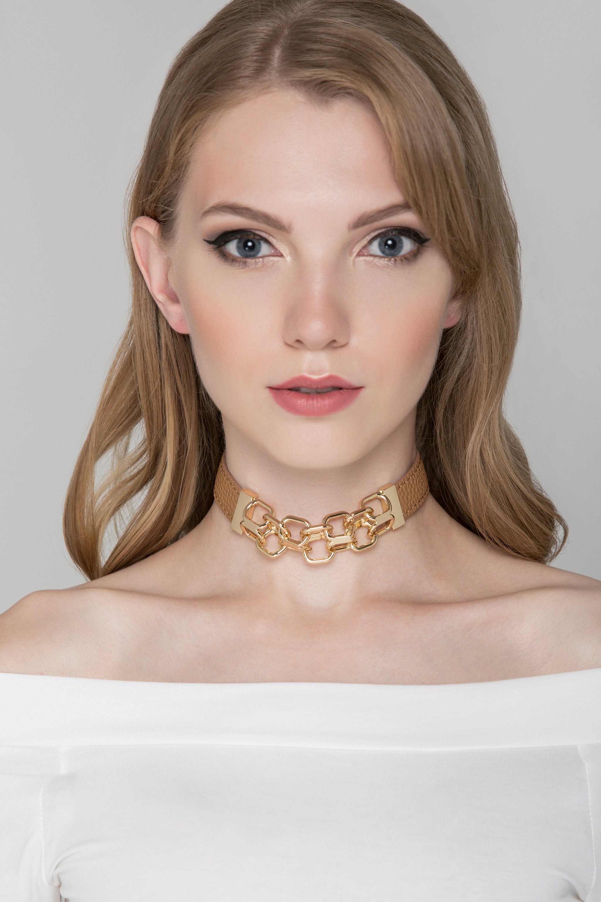 Tan Faux Leather and Gold Chain Detail Choker Necklace
