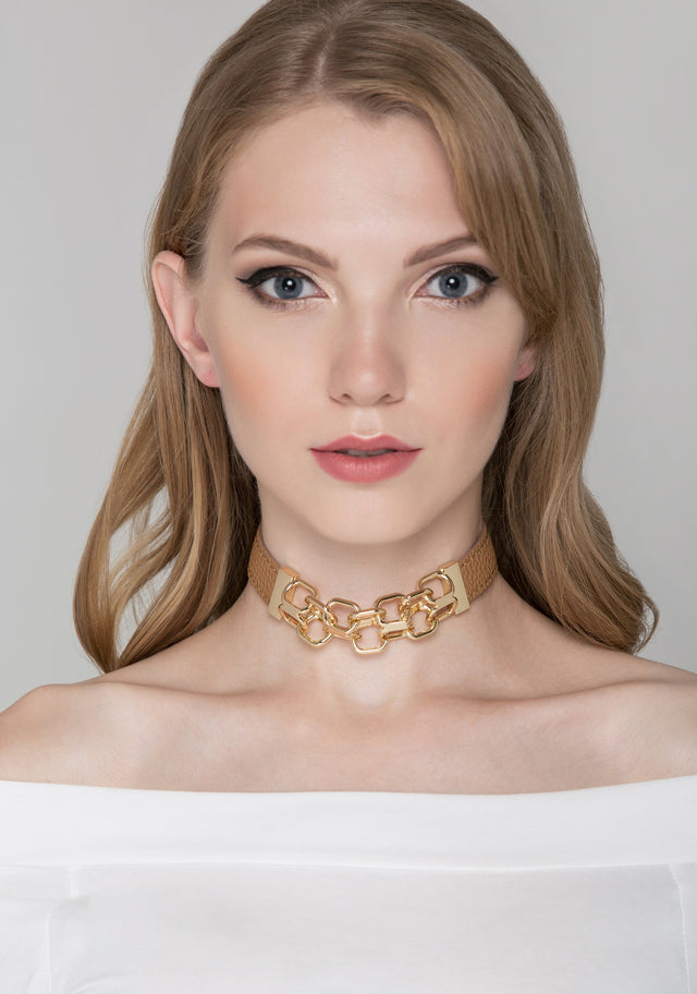 Tan Faux Leather and Gold Chain Detail Choker Necklace