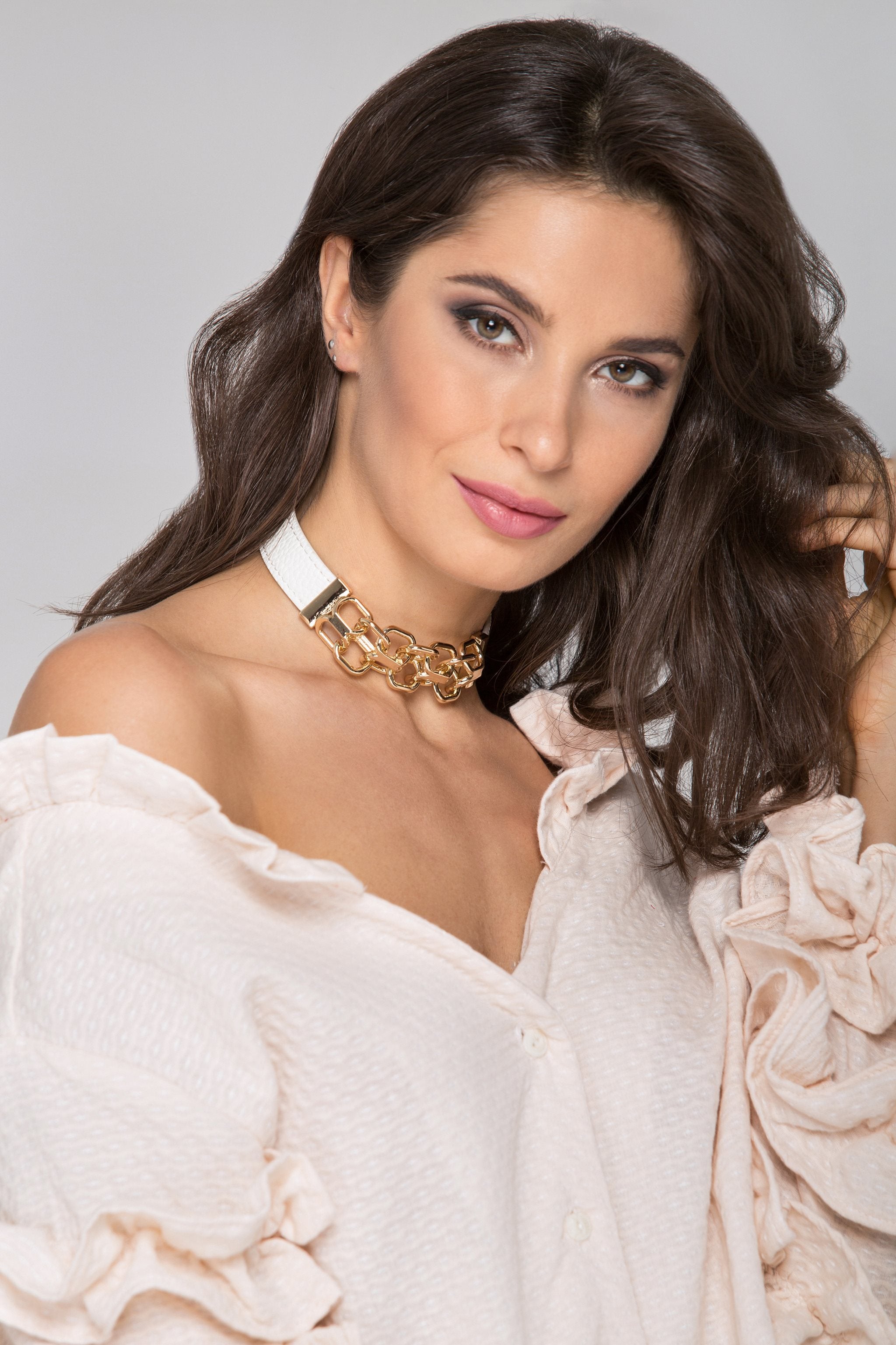 White Faux Leather and Gold Chain Detail Choker Necklace