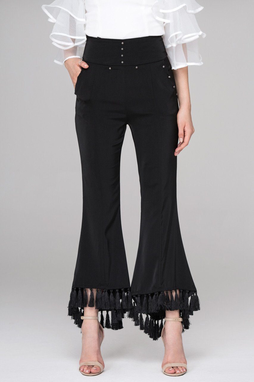 Rania Fawaz - Black Flare Tasseled Hem Trousers
