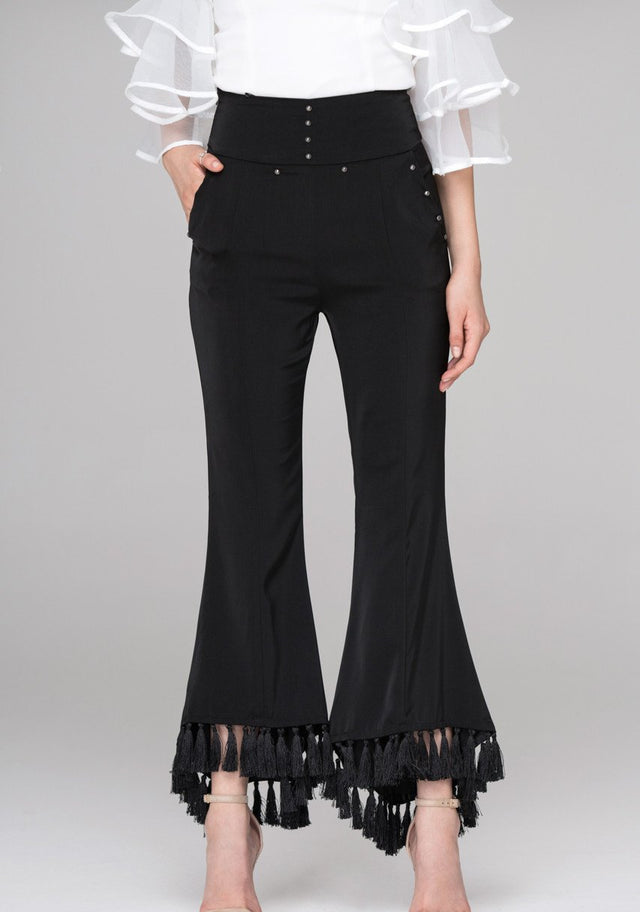 Rania Fawaz - Black Flare Tasseled Hem Trousers