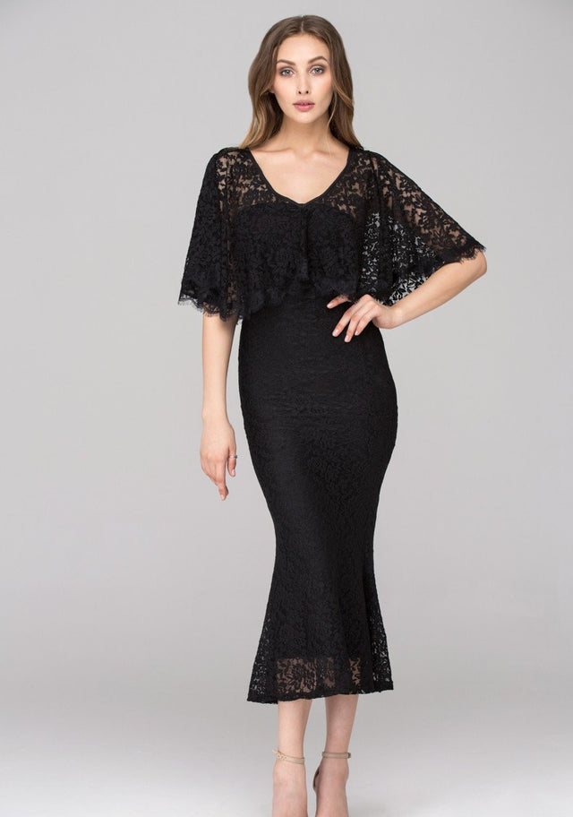 Rania Fawaz - Black Lace Strapless Mermaid Midi Dress with Cape