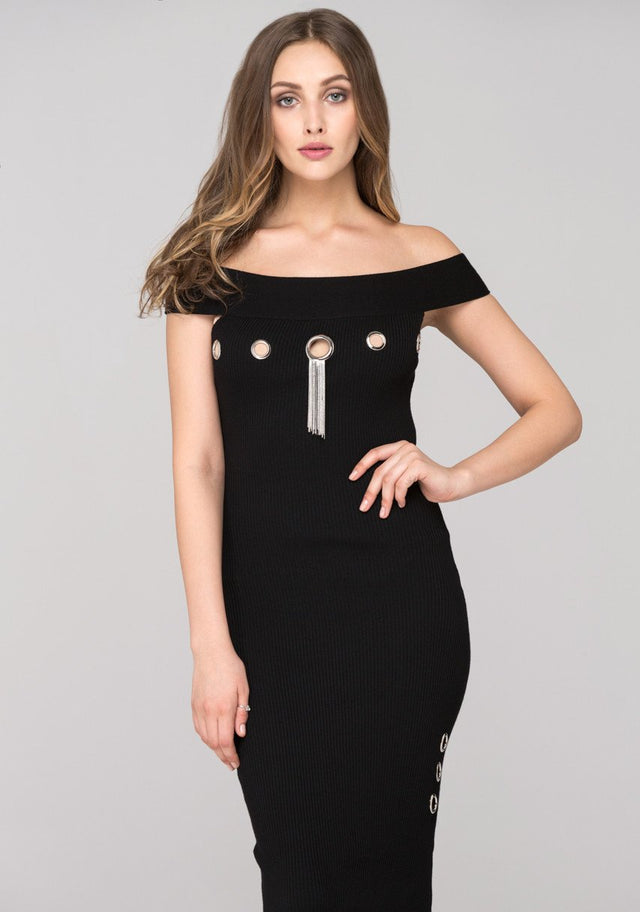 Black Off the shoulder Bodycon Ring Midi Dress