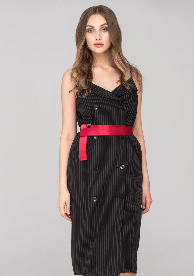 Rania Fawaz - Black Pinstripes Double Button Midi Dress with Red Belt