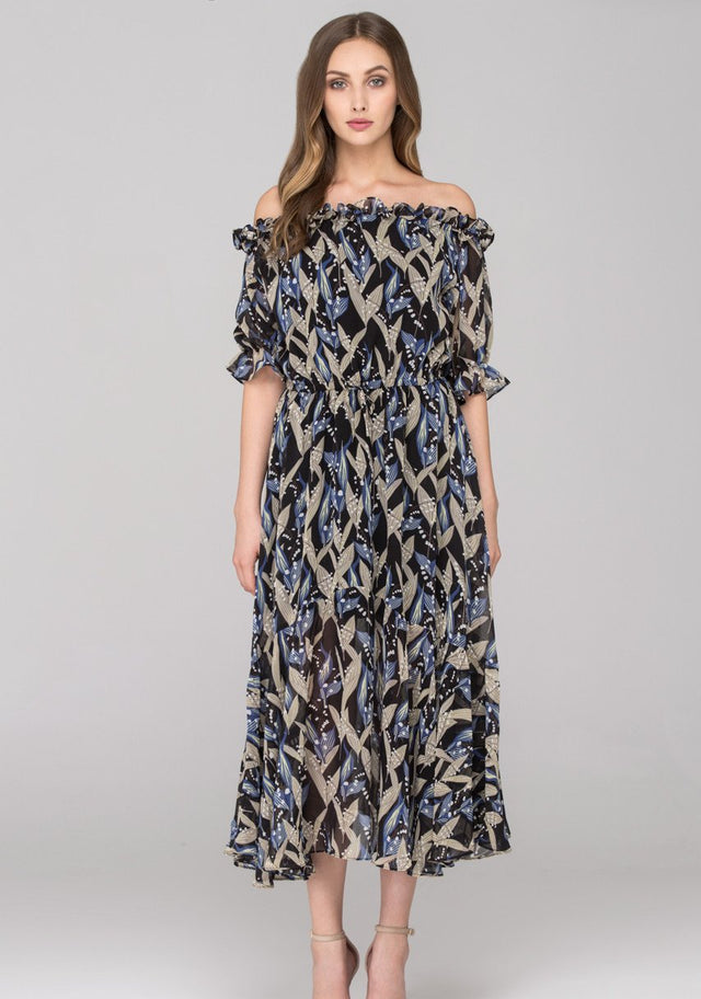 Black and Blue Lily of the Valley Off the Shoulder Maxi Dress