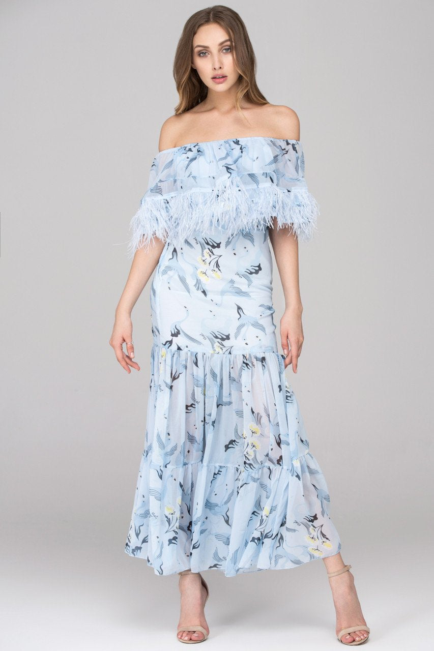 Blue Feather Off the shoulder Maxi Dress