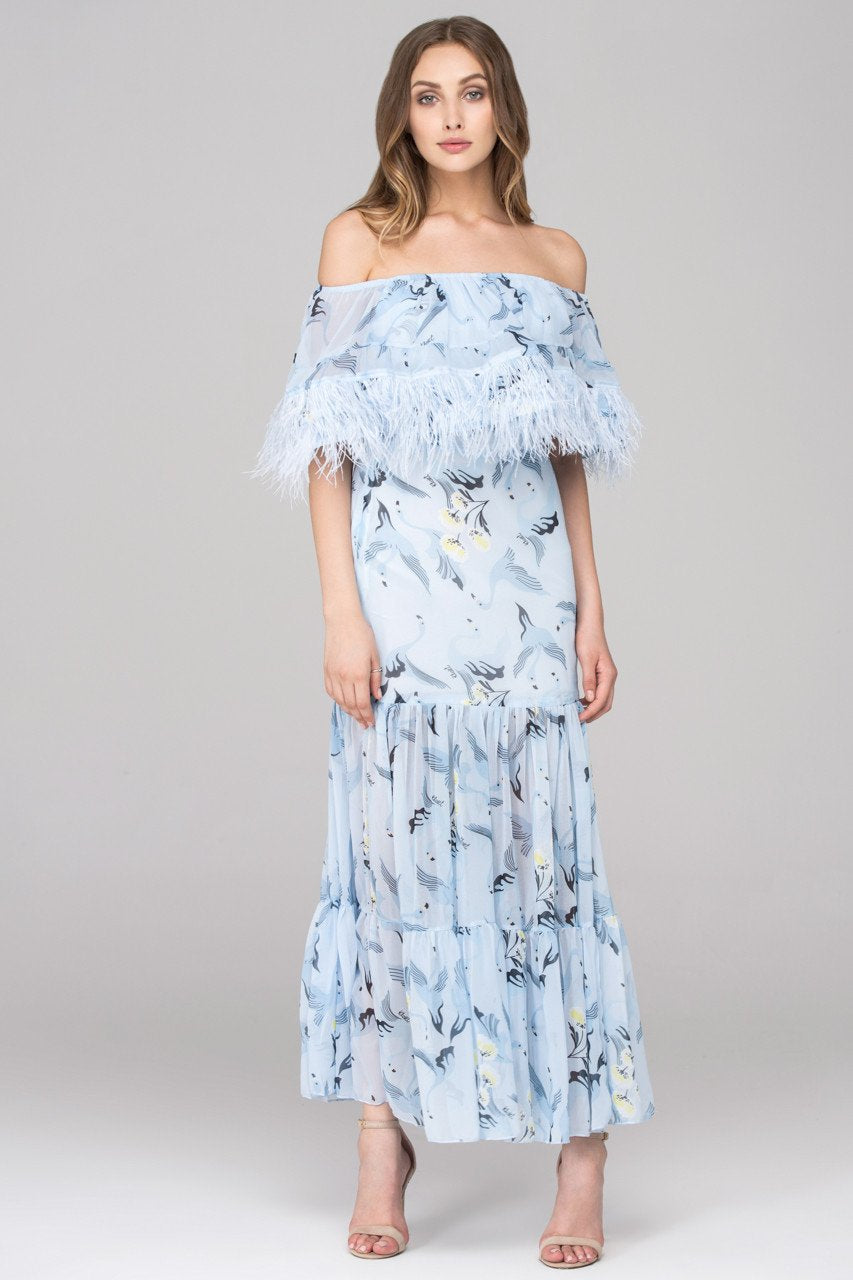 Blue Feather Off the shoulder Maxi Dress