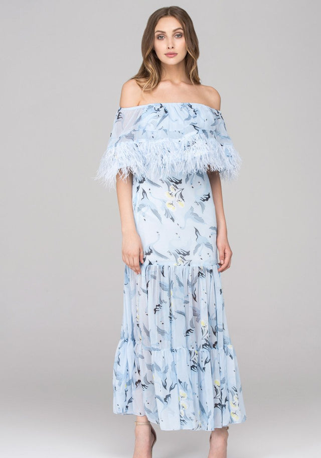 Blue Feather Off the shoulder Maxi Dress