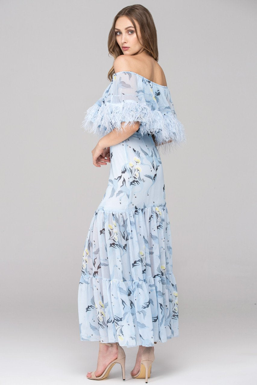 Blue Feather Off the shoulder Maxi Dress