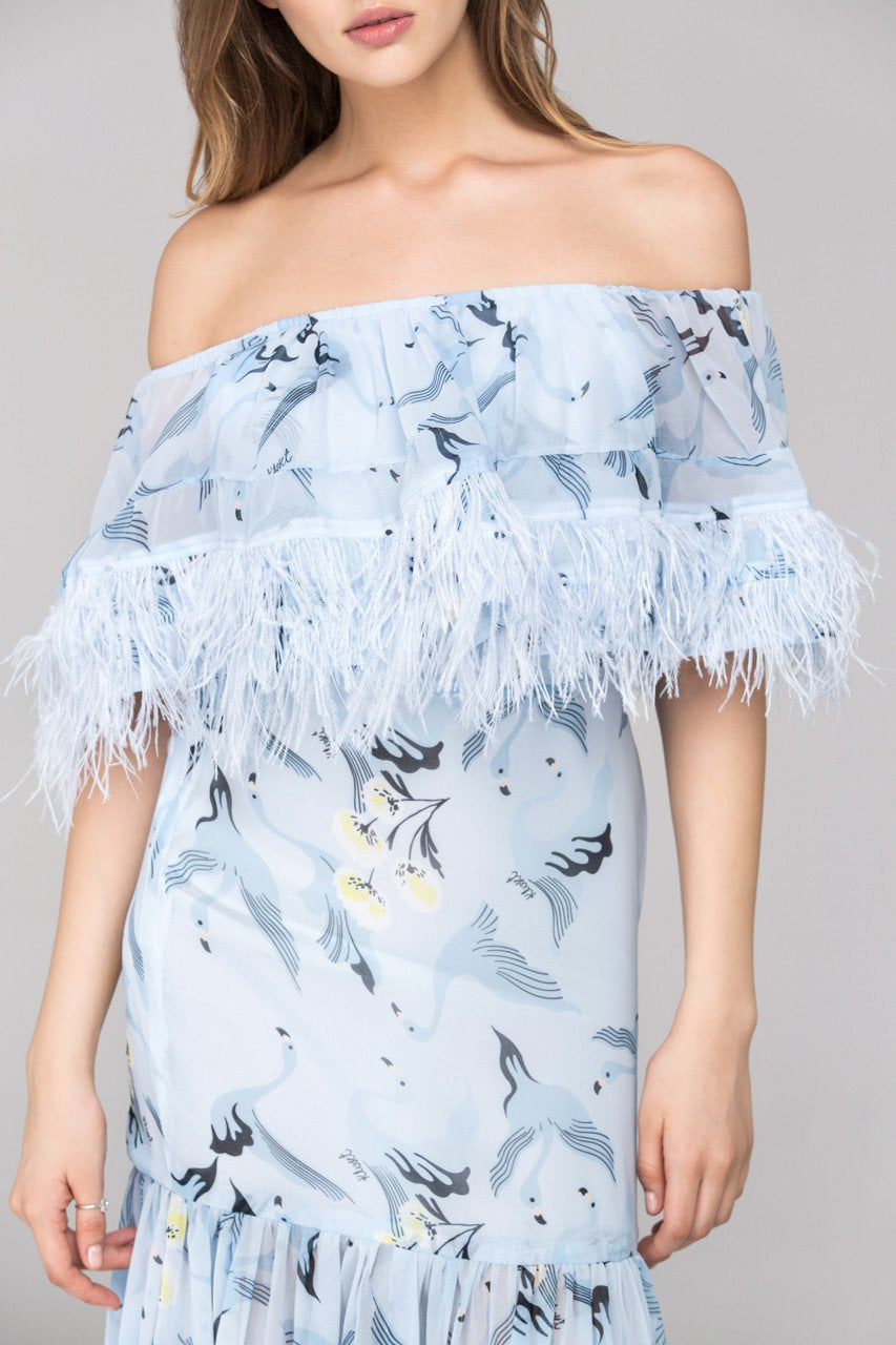Blue Feather Off the shoulder Maxi Dress