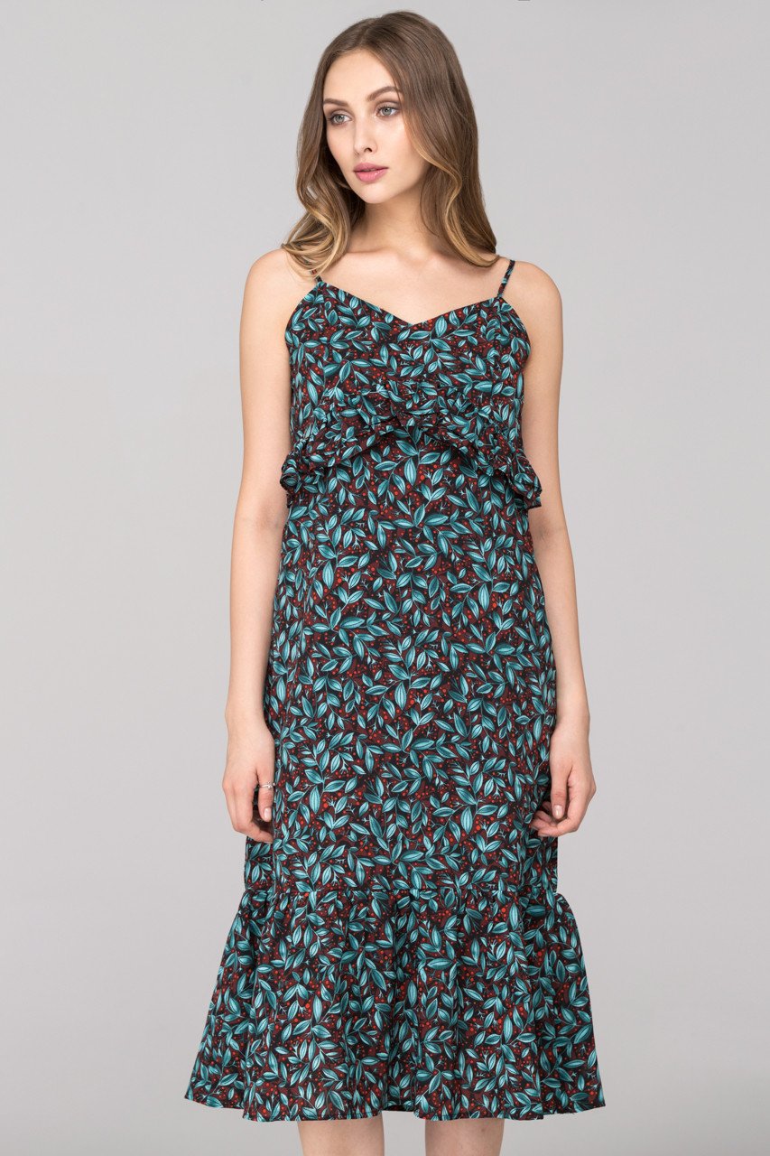 Blue Green Berry Leaf Print flounced Midi Dress