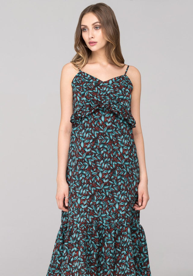 Blue Green Berry Leaf Print flounced Midi Dress
