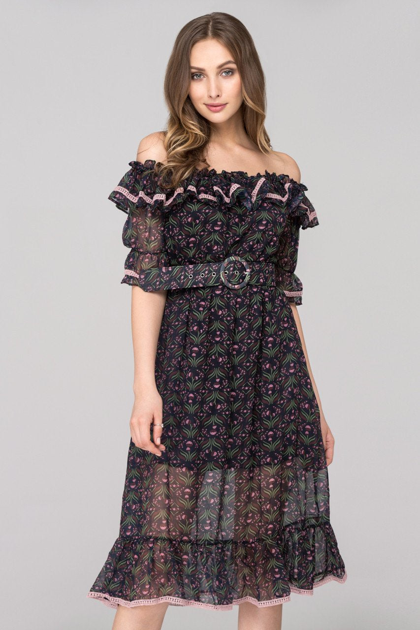 Blue Violet Printed Ruffled off the shoulder Midi Dress with Belt