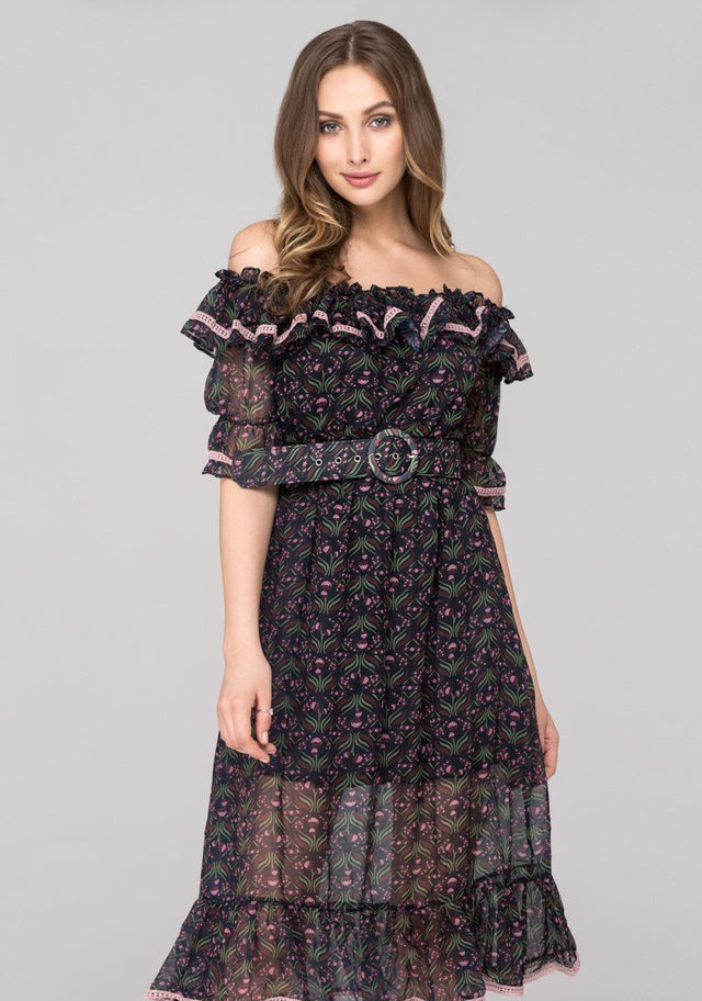 Blue Violet Printed Ruffled off the shoulder Midi Dress with Belt