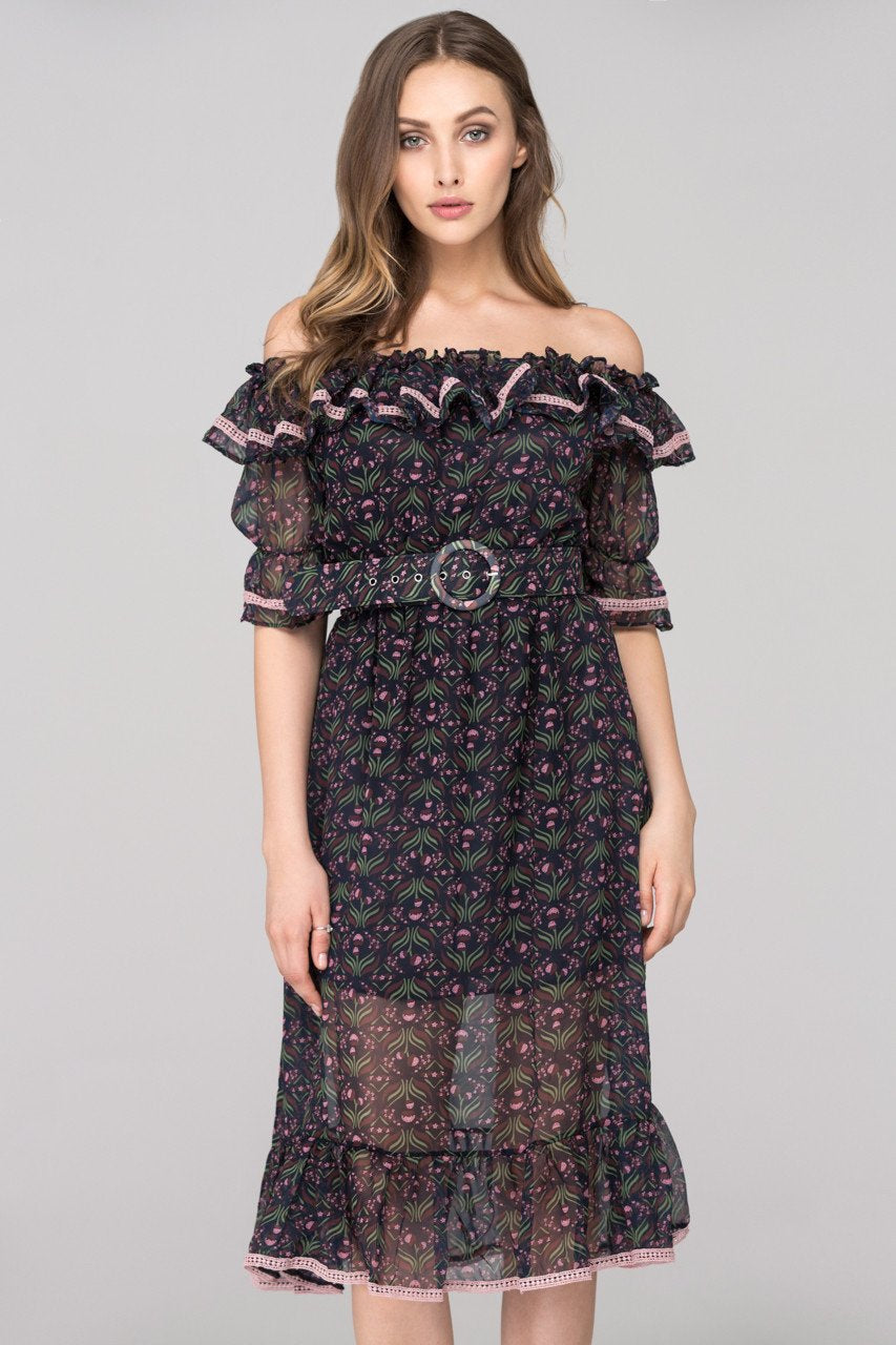Blue Violet Printed Ruffled off the shoulder Midi Dress with Belt