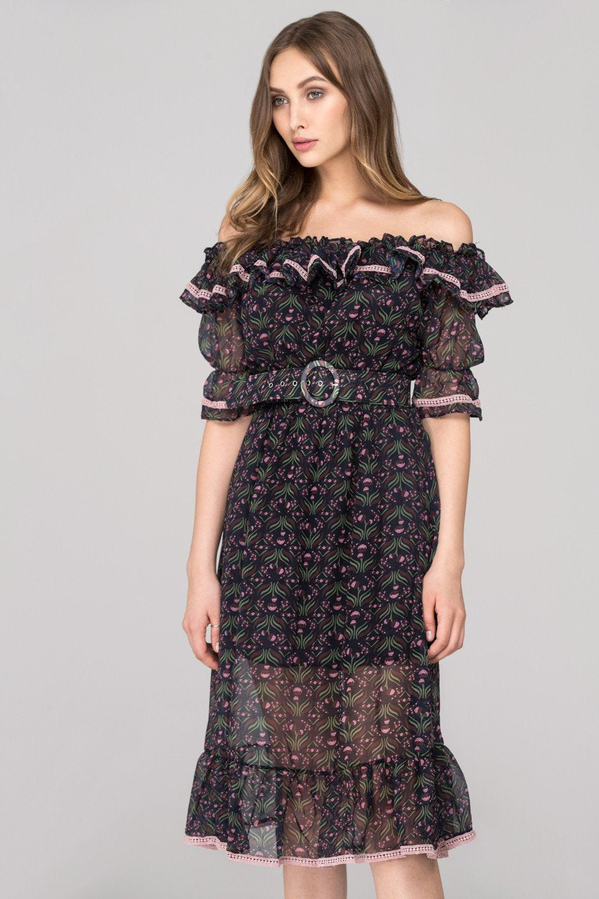 Blue Violet Printed Ruffled off the shoulder Midi Dress with Belt