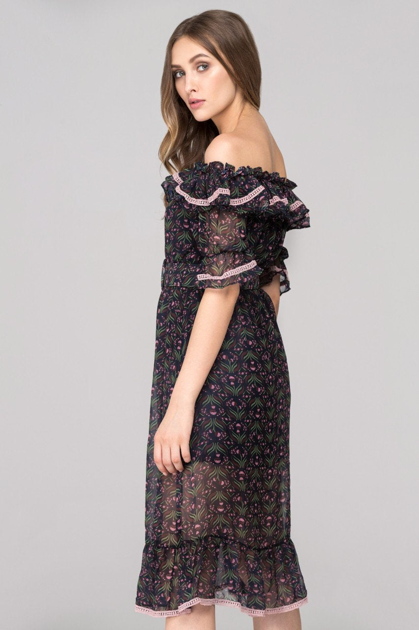 Blue Violet Printed Ruffled off the shoulder Midi Dress with Belt