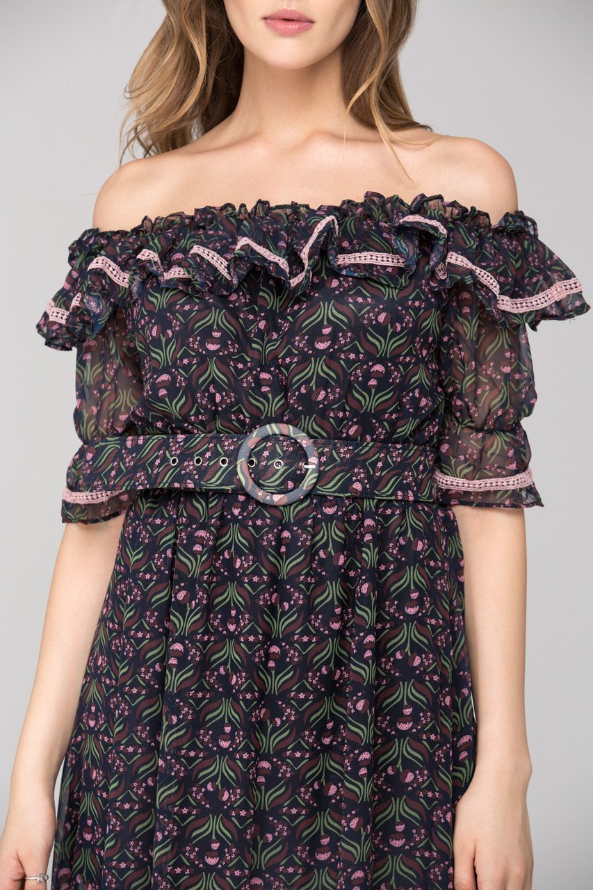 Blue Violet Printed Ruffled off the shoulder Midi Dress with Belt