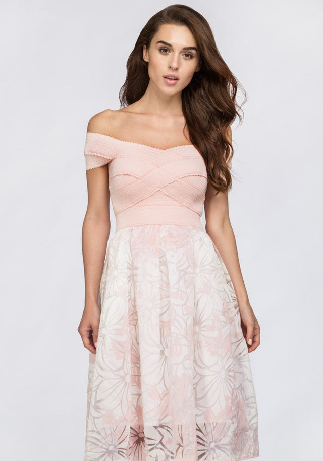 Carnation Pink Off the Shoulder Midi Dress