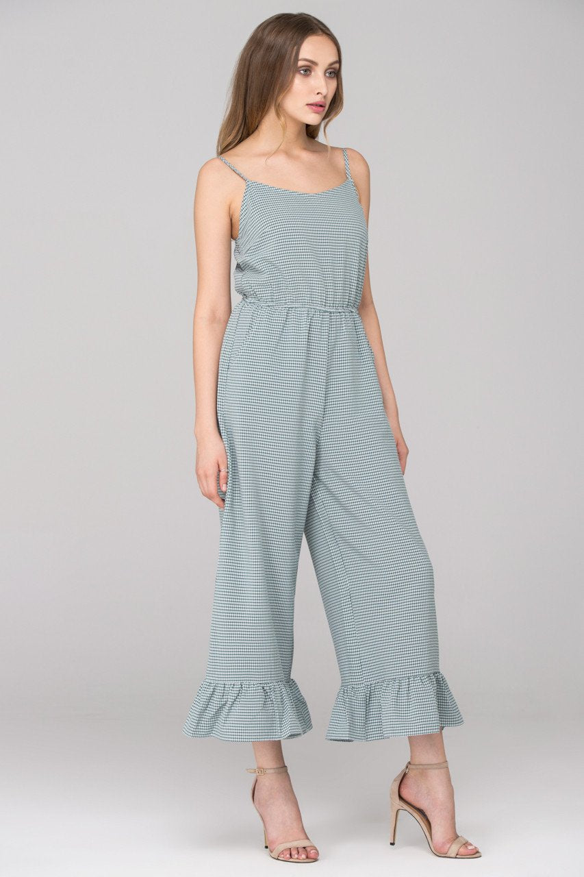 Green Checkered Ruffled Leg Hem Jumpsuit