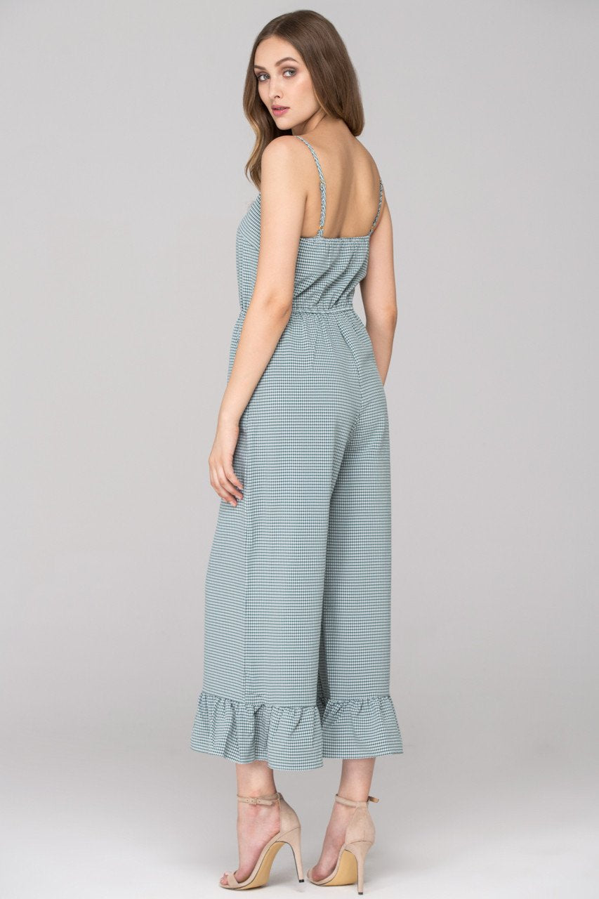 Green Checkered Ruffled Leg Hem Jumpsuit