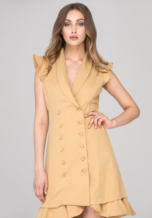 Rania Fawaz - Khaki Double Button Ruffled Hem Midi Dress