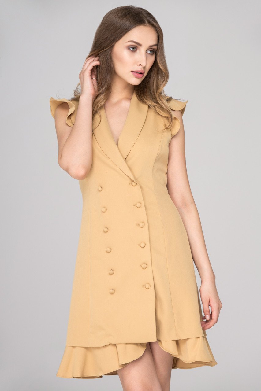 Rania Fawaz - Khaki Double Button Ruffled Hem Midi Dress
